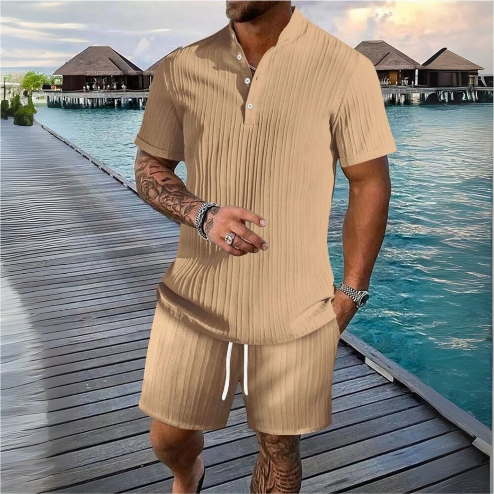 Men's Camel Short Sleeve Polo Top & Shorts Resort Outfit